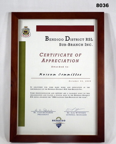 Certificate re award of Sub Branch of the year 2006.
