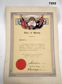 Shire of Marong 'Thank You' Certificate.