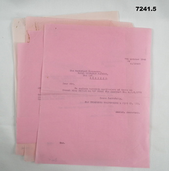 Copies of covering letter for tests on gun parts.