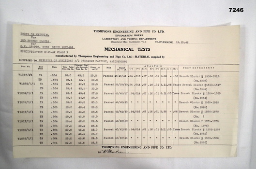 Mechanical tests on 17 PDR Gun parts.