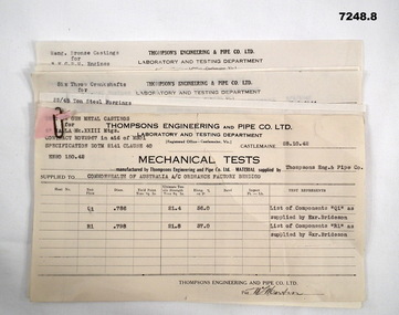 Mechanical tests on misc engine and Naval parts.
