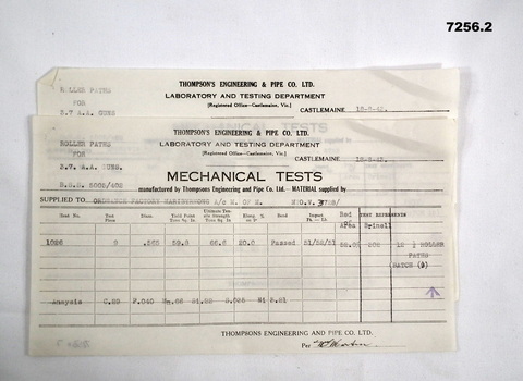 Test results for 3.7" A.A. Gun parts.