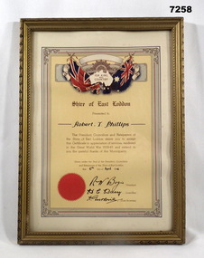 FRAMED CERTIFICATE - FROM THE "SHIRE OF EAST LODDON".  WW2.