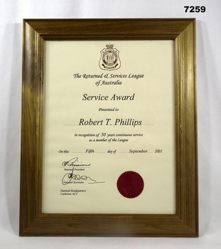Framed certificate Service Award RSL 50 years.