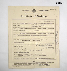 Certificate of discharge from the Australian Army.