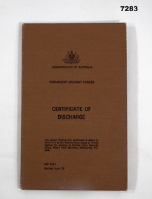 Certificate of Discharge in brown buckram folder.