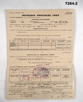Forms relating to discharge procedure Army.