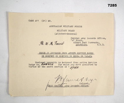Letter re receiveing a Returned from Active Service Badge.