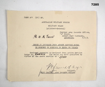 Letter re receiveing a Returned from Active Service Badge.
