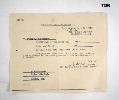 Letter relating to receiveing a Certificate of Discharge.