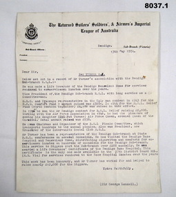 Letter relating to a life membership of the RSL.