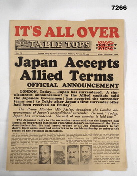 Table Tops News sheet announcing the End of the War.