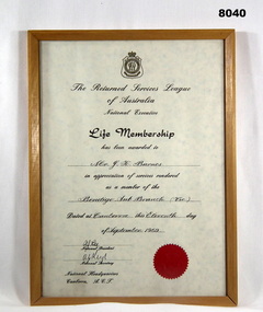 Certificate - CERTIFICATE, LIFE MEMBERSHIP 1969, National HQ RSL Australia, C. 11.9.1969