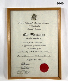 Certificate - LIFE MEMBERSHIP RSL 1969, National HQ RSL Australia, C. 11.9.1969