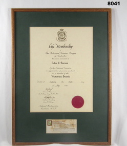 Certificate - LIFE MEMBERSHIP RSL 1988, National HQ RSL of Australia, 6.7.1988