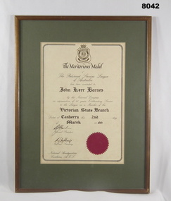 Certificate - MERITORIOUS SERVICE MEDAL 1989, National HQ of the RSL, 2.3.1989