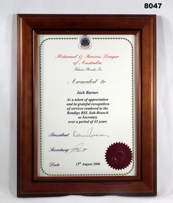 Certificate - STATE APPRECIATION 2006, Vic RSL HQ Branch, C.2006