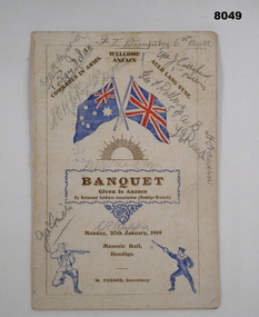 Program Banquet to the ANZACS Bendigo RSL 1919.