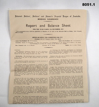 Report and balance sheet for Bendigo RSL 1947.