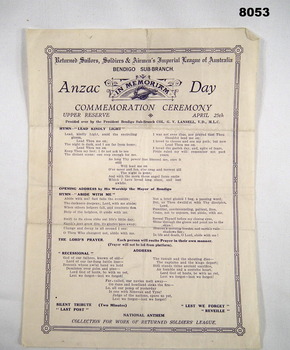 ANZAC DAY service sheet Bendigo early 1950’s.