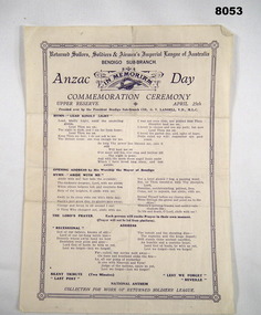 ANZAC DAY service sheet Bendigo early 1950’s.