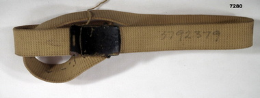 Khaki cotton webbing belt for Army uniform.