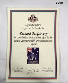 Government Certificate of thanks for service in BCOF.