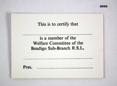 RSL personal Welfare card for Volunteer workers.