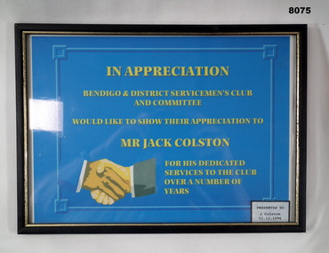 Appreciation certificate from the BDSC, Jack Colston.