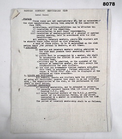 Document - RULES BDSC, Bendigo District Servicemen's Club, C.1978