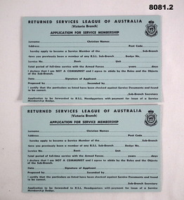 Card - MEMBERSHIP RSL VIC, HQ RSL Melbourne, pre 1990