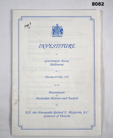 Programme - PROGRAM, INVESTITURE 1995, Government House Victoria, May 1995