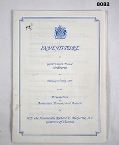 Programme - OAM INVESTITURE 1995, Government House Victoria, May 1995
