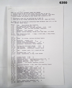 Two paper pages of typed lists of items for sale by tender