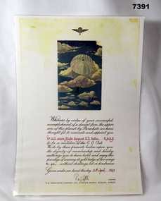Copy of a 1945 Parachute Company Certificate.