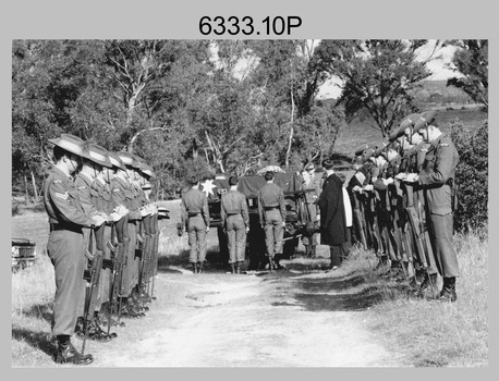 Military Funeral, Harcourt, c1960s. Unidentified civilians and Army Headquarters Survey Regiment personnel