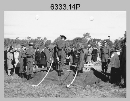 Military Funeral, Harcourt, c1960s. Unidentified civilians and Army Headquarters Survey Regiment personnel