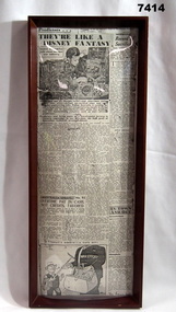 Framed facsimile of a newspaper extract 1942.