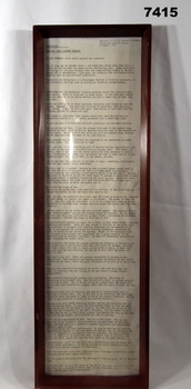 Framed document relating to a newspaper extract 1942.