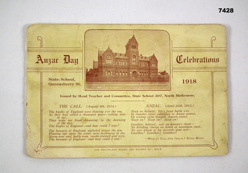 ANZAC Day celebrations card 1918.