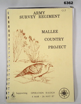 A4 Report, beige coloured cover, brown motif of Mallee Fowl, paper pages, unbound.