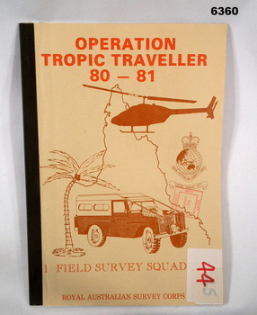 Buff colored, A4 Folder, Mosaic in brown of Nth Qld, Helicopter, Corps badges, Land rover. Folder is stapled  with cloth tape dark brown.