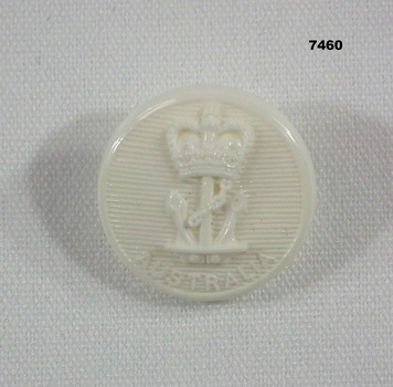 White plastic buttons with navy motif.