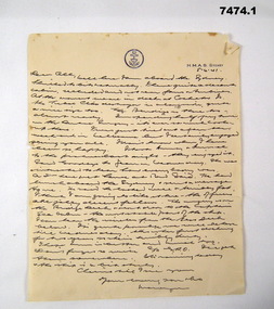 Letter from crew member HMAS SYDNEY.