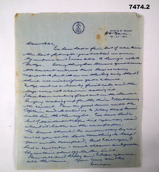 Letter from crew member HMAS SYDNEY.