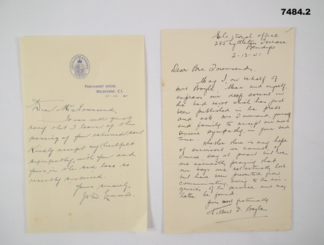 Letters of Sympathy from Politicians.