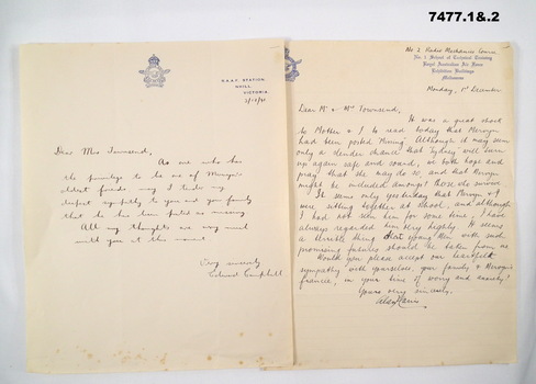 Sympathy letters written to parents on death of M C Townsend.