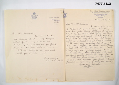 Sympathy letters written to parents on death of M C Townsend.