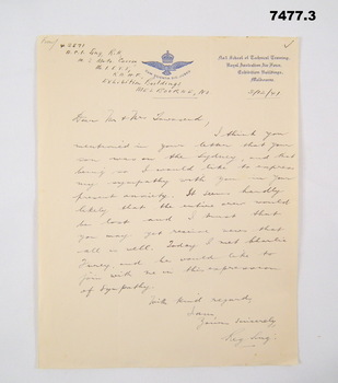 Sympathy letters written to parents on death of M C Townsend
