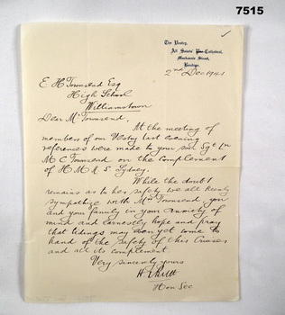 Letter of Sympathy for Mervyn Clive Townsend.